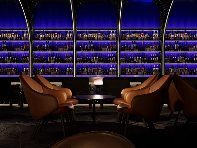 Stylish Bar Interior With Blue Lit Wine Racks Brown Leather Chairs And Small Tables 3d model