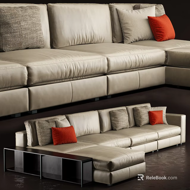 Beige Leather Sectional Sofa With Modern Design And Red Gray Pillows 3d model