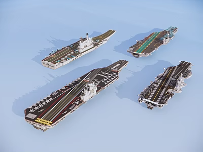 Four Military Aircraft Carriers With Various Designs On Blue Surface 3d model