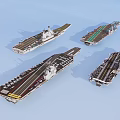 Four Military Aircraft Carriers With Various Designs On Blue Surface 3d model