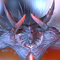 3D Rendered Mythical Demon Creature With Horned Head Glowing Chest And Outstretched Arms