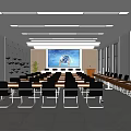 Spacious Conference Room Interior With Long Tables Chairs Large Projection Screen Windows And Ceiling Lights 3d model