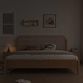 Wooden Double Bed With Woven Headboard Pillows Blanket Nightstand Table Lamp Window Blinds And Wall Art