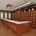 Traditional Chinese Medicine Pharmacy Interior With Wooden Counter White Countertop Medicine Cabinets Scroll Paintings