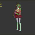 Game Character with Purple Long Hair Gray Top Red Tie Blue Skirt in School Uniform