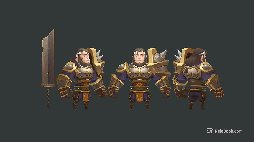 Bearded Warrior Character Model With Spiked Golden Blue Armor And Sword Multiple Angles 3d model