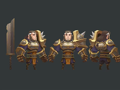 Bearded Warrior Character Model With Spiked Golden Blue Armor And Sword Multiple Angles 3d model
