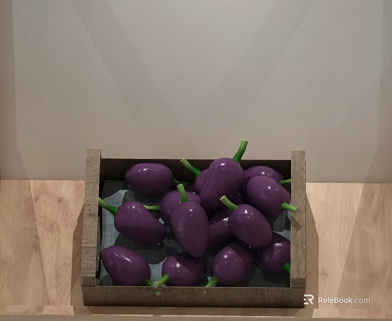 Commercial Wooden Display Crate Filled With Purple Eggplants On Wooden Surface 3d model 