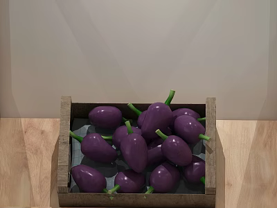 Commercial Wooden Display Crate Filled With Purple Eggplants On Wooden Surface 3d model