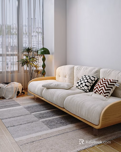 Beige Three-Seater Sofa with Geometric Chevron Pillows Green Floor Lamp Plant and Striped Rug 3d model 