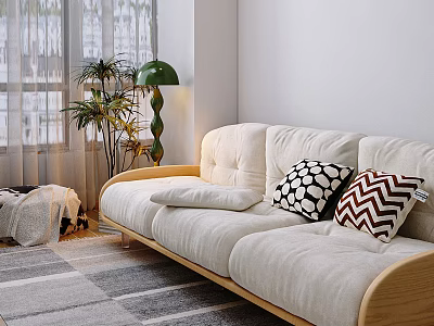 Beige Three-Seater Sofa with Geometric Chevron Pillows Green Floor Lamp Plant and Striped Rug 3d model
