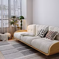 Beige Three-Seater Sofa with Geometric Chevron Pillows Green Floor Lamp Plant and Striped Rug
