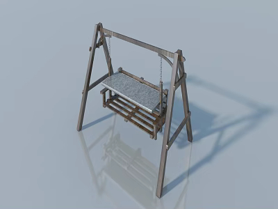 Outdoor Wooden Swing With Gray Seat And Chain Hanging Structure 3d model