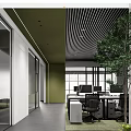 Modern Public Office Area With Open Design Striped Ceiling Large Tree And Workstations 3d model