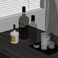 Various Alcohol Bottles And Drinking Glasses Placed On Table With Tray Near Window Blinds