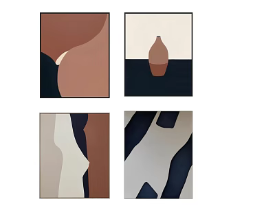 Set of Four Abstract Paintings With Curved Lines And Neutral Tones 3d model