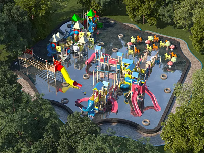 Outdoor Kids Play Area With Colorful Slides Swings And Climbing Frames Surrounded By Trees 3d model