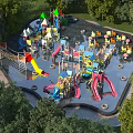 Outdoor Kids Play Area With Colorful Slides Swings And Climbing Frames Surrounded By Trees