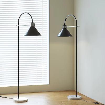 Modern Black Floor Lamp Design In Room Corner By Window With Blinds 3d model