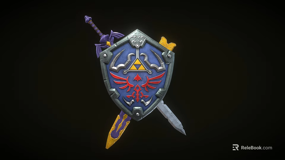 Ornate Medieval Shield And Sword With Blue Surface Red Emblem Yellow Accents 3d model 