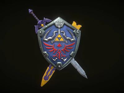 Ornate Medieval Shield And Sword With Blue Surface Red Emblem Yellow Accents 3d model