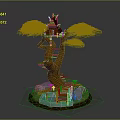 Whimsical Treehouse On Large Tree With Wooden Stairs Pond Mushrooms And Little Figures