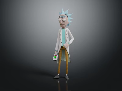 Rick Sanchez Animated Character In White Lab Coat With Blue Spiky Hair Holding Device 3d model