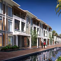 Elegant Modern Townhouses Exterior With Waterfront Palm Trees Greenery And Reflection
