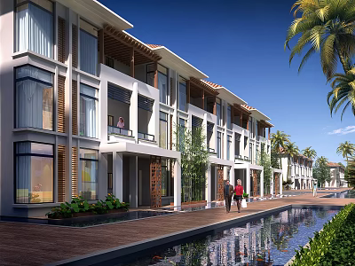 Elegant Modern Townhouses Exterior With Waterfront Palm Trees Greenery And Reflection 3d model