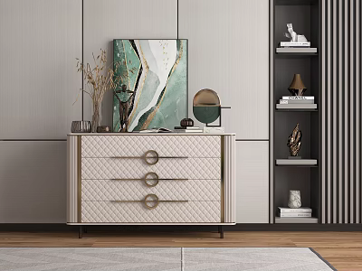 Entryway Console Cabinet With Diamond Pattern Circular Handles Decorative Mirror And Books On Shelves 3d model