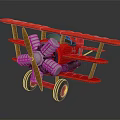 Red Vintage Biplane Passenger Plane With Silver Propeller Engine And Black Wheels