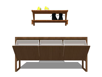 Wooden Shoe Cabinet With Multiple Storage Compartments And Shoes Placed On Top 3d model
