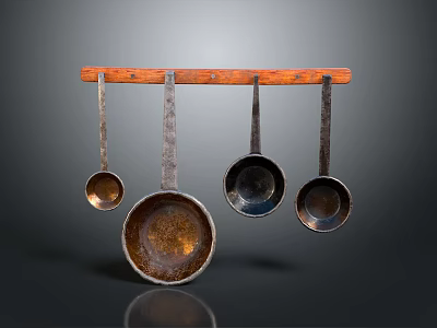Vintage Metal Measuring Spoons Hanging On Wooden Rod For Kitchen Use 3d model