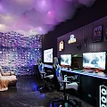 Stylish Cyber Cafe Interior Featuring Textured Wall Purple White Smoke Gaming Chairs And Computer Monitors