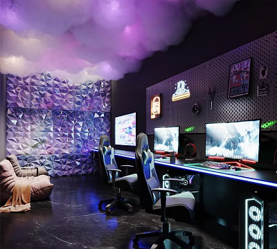 Stylish Cyber Cafe Interior Featuring Textured Wall Purple White Smoke Gaming Chairs And Computer Monitors 3d model