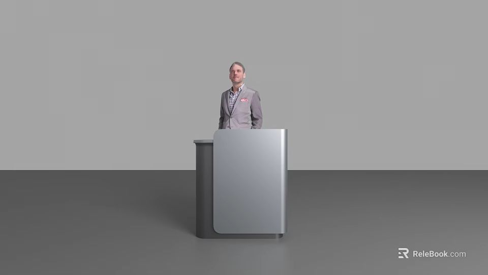 Modern Reception Desk With Stylish Design And Man In Suit Standing Behind 3d model 