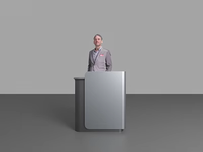 Modern Reception Desk With Stylish Design And Man In Suit Standing Behind 3d model