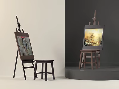 Art Supplies Studio Setup with Wooden Easels Paintings and Stools 3d model