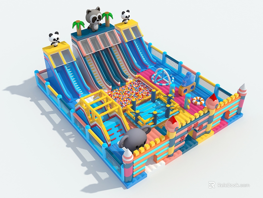 Colorful Inflatable Playground With Slides Panda Decorations And Ball Pit For Kids 3d model 