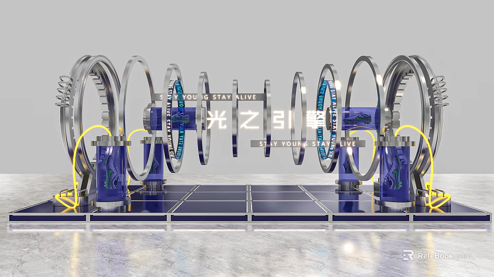 Modern Light Corridor Installation With Silver Rings Blue Pillars And UV Technology 3d model 