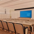 Spacious Conference Room Interior With Rows Of Black Seats Podium And Wooden Flooring