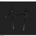 Two White Wind Turbines Standing As Industrial Equipment On Blue Background