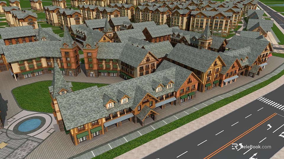 Traditional Commercial Street With Gray Tile Roofs Shop Awnings And Roadside Greenery 3d model 