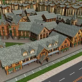 Traditional Commercial Street With Gray Tile Roofs Shop Awnings And Roadside Greenery