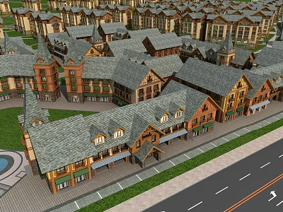 Traditional Commercial Street With Gray Tile Roofs Shop Awnings And Roadside Greenery 3d model