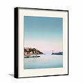 Scenic Coastal Landscape Painting With Calm Water Lighthouse And Pastel Sky Buildings
