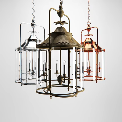 Stylish Lantern Style Chandeliers With Transparent Glass And Metal Frames In Silver Gold Copper Tones 3d model