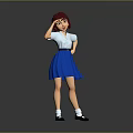Child With Red Hair And Red Headband Posing In White Shirt And Blue Skirt