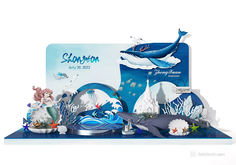 Ocean Theme 3D Decoration With Mermaid Whale Waves Coral And Castle 3d model 