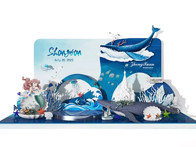 Ocean Theme 3D Decoration With Mermaid Whale Waves Coral And Castle 3d model